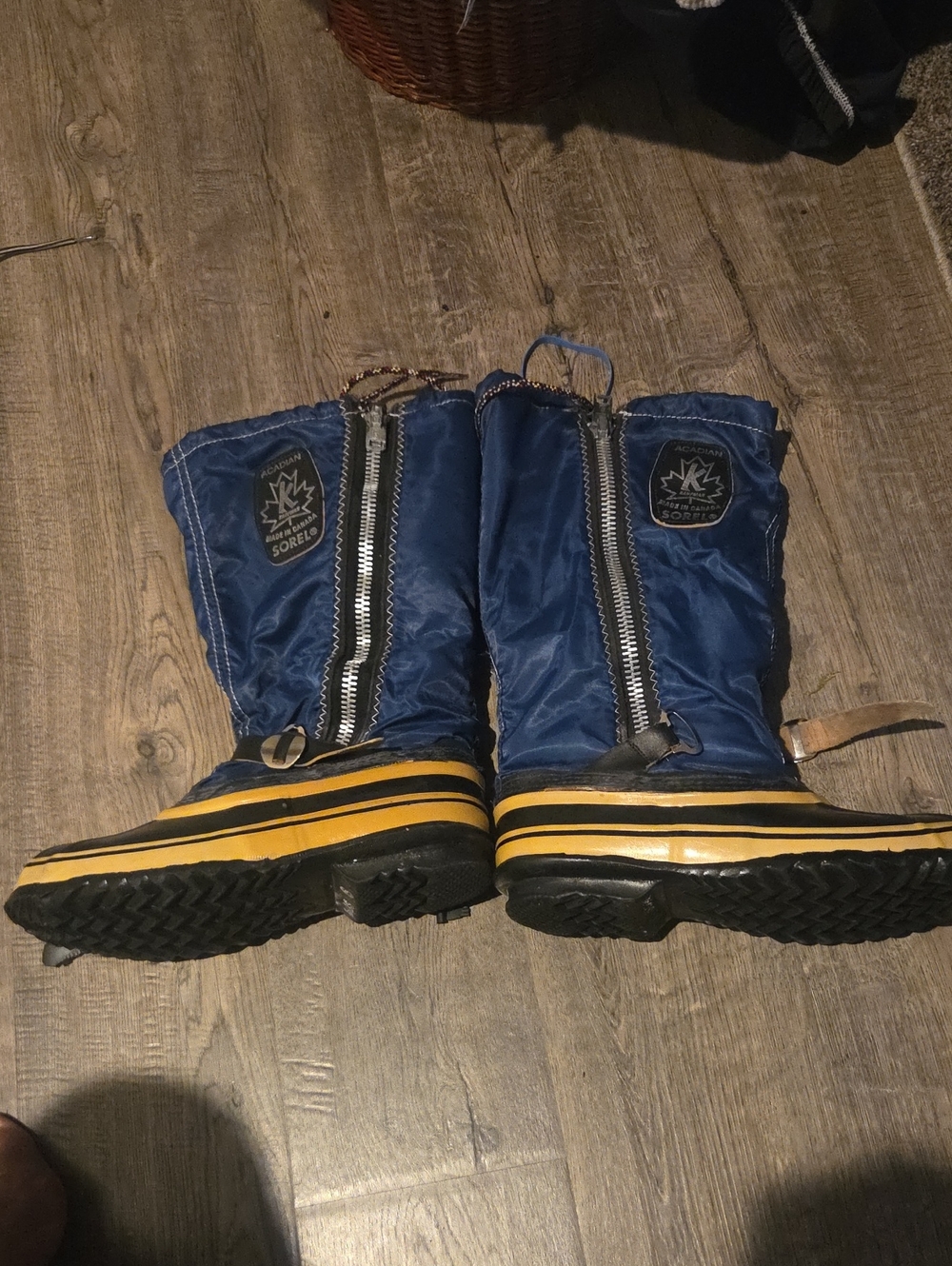 Acadian Sorel Navy Blue Winter Rain Boots with Yellow Striped Sole